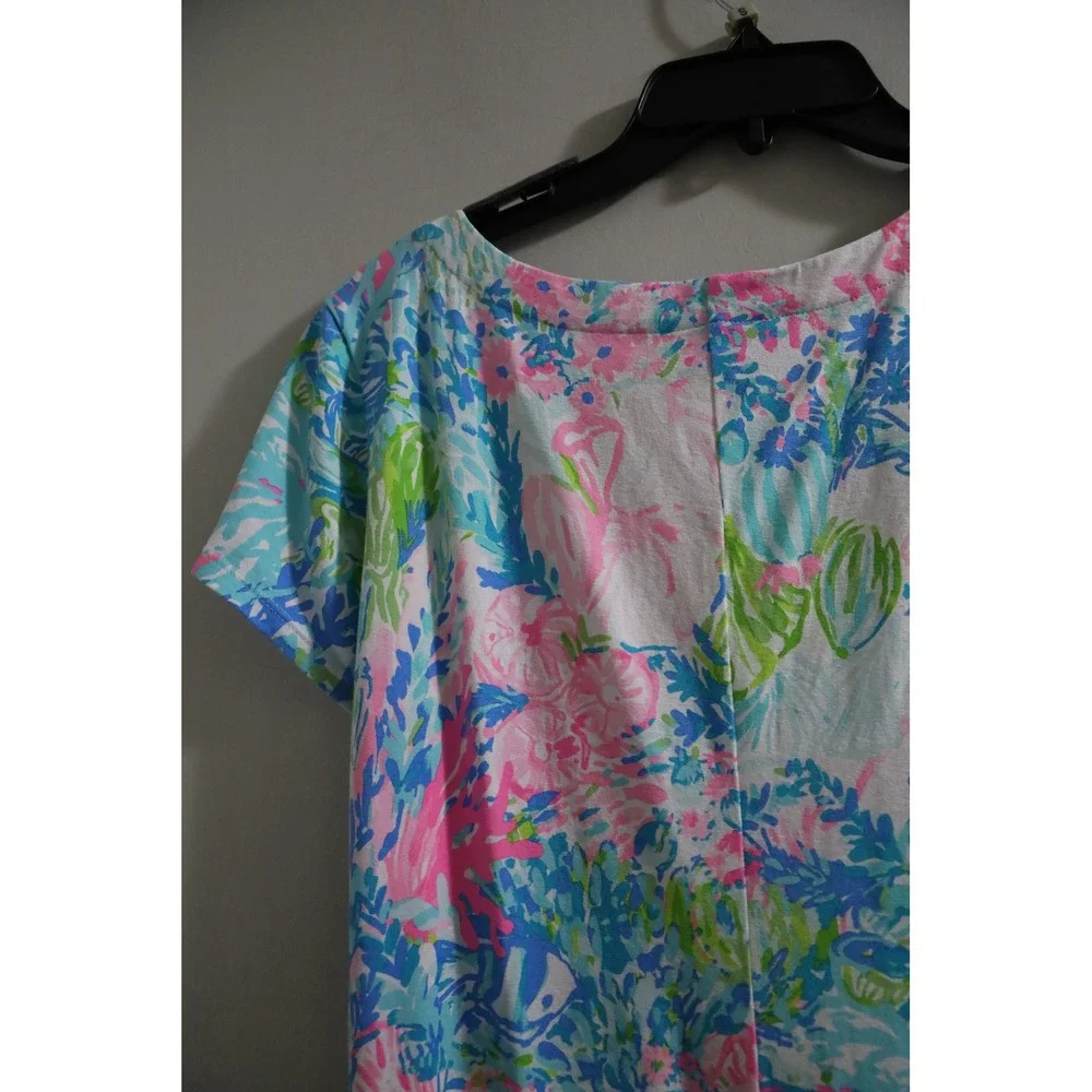 Lilly Pulitzer Kaftan Dress Coral Reef Print Blue Pink‎ Green V Neck Size M